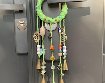 Witch Bells with Green Wreath, Hanging Wind Chime Suncatcher For Window, Door Hanger, Chime with 5 Brass Bells, Entry Way Protection Bells