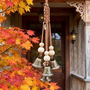 Puede incluir: Un carillón colgante con tres campanas de bronce y cuentas de madera. El carillón está suspendido de un cordón de cuero trenzado marrón. El fondo presenta una puerta de madera y follaje otoñal con hojas rojas, naranjas y amarillas.