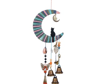 Cat on the Moon, Pet Bells, Brass Rustic Hanging Bells for Door Knob Decoration, Vintage Home Garden Decor, Witch Bells, Housewarming Gifts