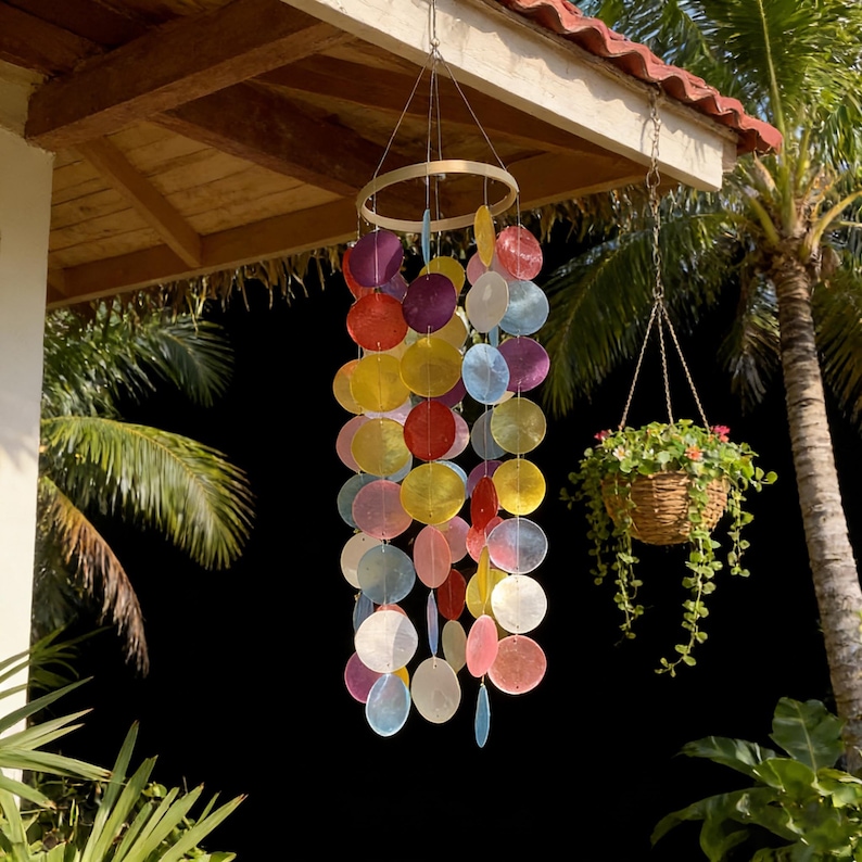 May include: A colorful wind chime with iridescent, round shell pieces in shades of red, yellow, purple, and blue. The chime hangs from a gold-colored ring and is suspended outdoors. A hanging basket of flowers is also visible.