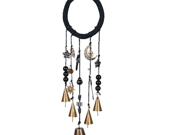 Entry Way Protection Bells, Black Loop Chime with 5 Brass Bells Door Knob Hanger, Housewarming Gift, Home Decor, Witch Gifts, Bell Gifts