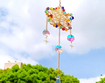 Pentagram Suncatcher, Hanging Crystal Suncatcher, Rainbow Suncatcher, Handmade Suncatcher, Rainbow Maker Charm, Boho Home Decor