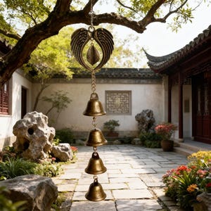 Könnte beinhalten: Ein bronzefarbener Windspiel mit einem dekorativen Flügel- und Blattdesign, das an einem Ast hängt. Das Windspiel hat drei Bronzeglocken, die an einer Kette hängen. Der Hintergrund zeigt einen traditionellen asiatischen Innenhof.