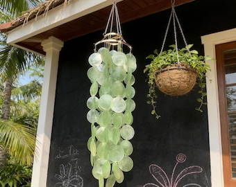 Green Capiz Shell Wind Chime, Seashore Mobile Decor for Patio, Bohemian Home Decor, Wedding Gifts for Her