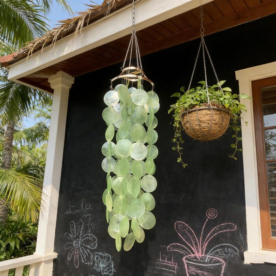 Green Capiz Shell Wind Chime, Seashore Mobile Decor for Patio, Bohemian Home Decor, Wedding Gifts for Her