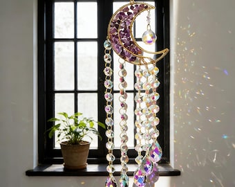 Purple Crystal Moon Sun Catcher, Boho Rainbow Maker, Vintage Home Decor Window Hanging