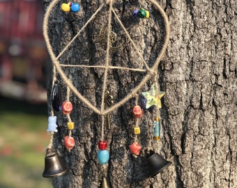 Heart Bell for Hanging, Rustic Protection Bells on Hemp Jute Rope, Witch's Bells, Simple Hanging Bells for Christmas Tree Decor