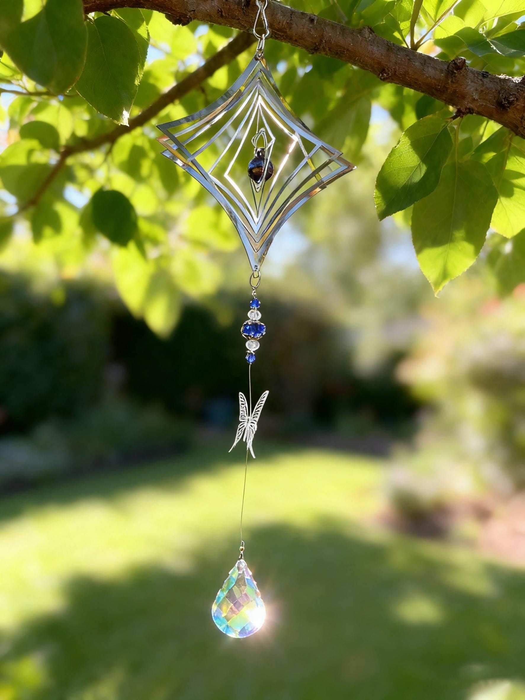 Stained Glass Sun Catcher, Geometric Diamond Prism, Hanging