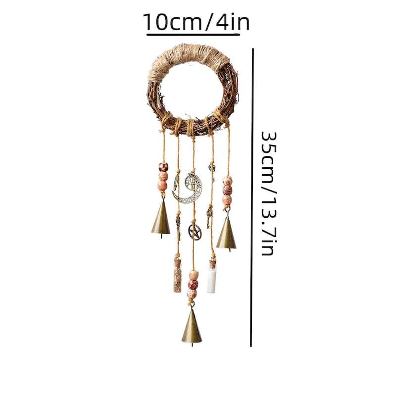 May include: A brown twig wreath with a hanging dream catcher with bells, beads, and charms. The dream catcher is 13.7 inches long and 4 inches wide.
