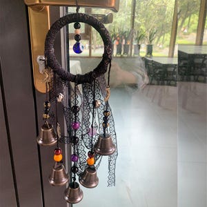 Black Witch Bells for Door Knob, Halloween Witch Bell, Wicca Altar House Doorknob Protection Bell, Wreath Wind Chimes, Pangan Decor