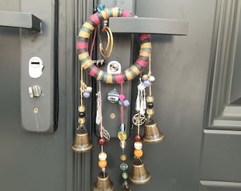 Witch Bells for Wreath, Brass Bells with Colorful Hemp Rope, Hanging Bells for Door, Rustic Bells for Bedroom, Handmade Hanging Wind Chime