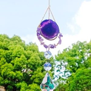 Purple Agate Slice Suncatcher,Sun Catcher for Windows Hanging, Rainbow Maker Crystal, Hanging Crystal Decor,Hanging SunDrop,Boho Home Decor