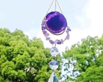 Purple Agate Slice Suncatcher,Sun Catcher for Windows Hanging, Rainbow Maker Crystal, Hanging Crystal Decor,Hanging SunDrop,Boho Home Decor