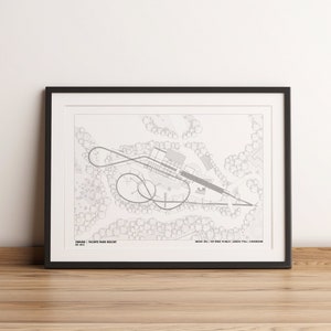 May include: A black and white line drawing of a theme park resort map. The map shows the layout of the park, including the roller coaster, rides, and other attractions. The text on the map reads "THORPE PARK RESORT" and "HEIGHT 24m | TOP SPEED 75 km/h | LENGTH 1114m | INVERSION 1".