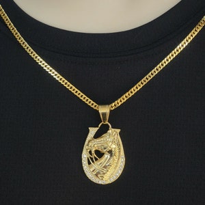 Necklace Fashion Mens 14k Stainless Steel Gold Horse Shoe Pendant & 24&quot; Figaro Chain Necklace