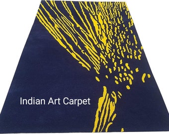 Modern Abstract Premium Colourful & Vibrant Unique Art Texture Pattern Design Premium Woollen Hand Tufted Area Rug Dark blue with yellow
