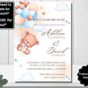 Editable Teddy Bear Blue and Brown Balloons, Stars and Clouds We Can Bearly Wait Template Instant Download Baby Shower Invitation