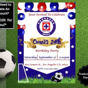 Editable Cruz Azul Invitation | Soccer Birthday Invitation | Invitation Red & White | Instant Printable Download | Digital Invitation