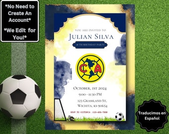 Editable Club De America Mexico Soccer Team Birthday | Digital Invitation Blue & Gold Instant Download | Digital Instant Printable Download