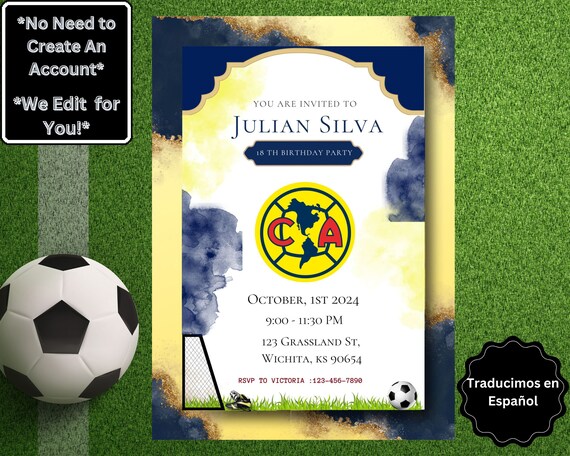 Editable Club De America Mexico Soccer Team Birthday | Digital Invitation Blue & Gold Instant Download | Digital Instant Printable Download