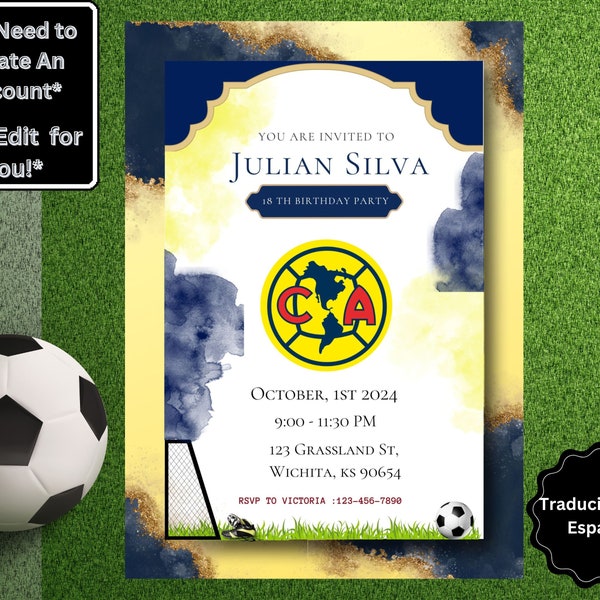 Editable Club De America Mexico Soccer Team Birthday | Digital Invitation Blue & Gold Instant Download | Digital Instant Printable Download