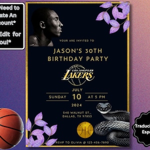 Editable Lakers Kobe Bryant Black Mamba Basketball Birthday Invitation | Digital Black & Gold Instant Download | Phone Digital Invitation