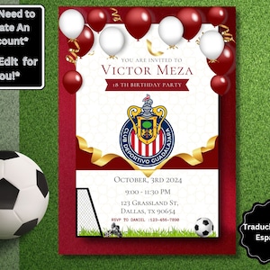 Editable Chivas De Guadalajara Soccer Birthday Invitation | Digital Invitation Red & White | Instant Printable Download | Digital Invitation