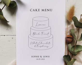 Personalised Cake Menu Print - Wedding Sign - Wedding Cake - Cake Flavours