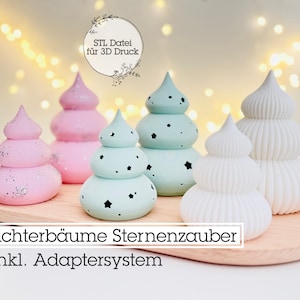 Könnte beinhalten: Eine Sammlung dekorativer baumförmiger Objekte in verschiedenen Pastellfarben, darunter Rosa, Mintgrün und Weiß. Einige Bäume haben Sternaussparungen oder Glitzerakzente. Der Text "Lichterbäume Sternenzauber" ist sichtbar.