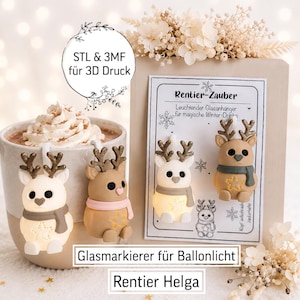 May include: Two small reindeer-shaped glass markers with antlers and scarves, one white and one brown, attached to a mug filled with a drink topped with whipped cream. A display card features the text Rentier-Zauber, STL & 3MF für 3D Druck.