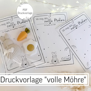 Könnte beinhalten: Oster-PDF zum Ausdrucken mit dem Text "Ich mag dich volle Möhre" und Illustrationen von Hasen und Karotten. Enthält eine Karotte, ein eiförmiges Licht und einen hasenförmigen Artikel. Der Text "Druckvorlage volle Möhre" ist ebenfalls sichtbar.