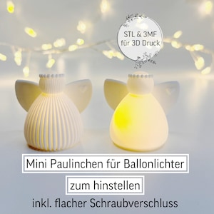 Può includere: Due luci notturne bianche a forma di angelo, progettate per luci a palloncino. Hanno un corpo e ali a coste, con testo: "STL & 3MF für 3D Druck" e "Mini Paulinchen für Ballonlichter zum hinstellen inkl. flacher Schraubverschluss."