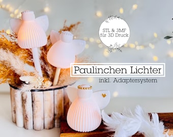 May include: Pink angel-shaped lights with white wings and a gold halo. The lights are displayed with dried flowers in a wooden planter. The image includes the text "Paulinchen Lichter" and "inkl. Adaptersystem".
