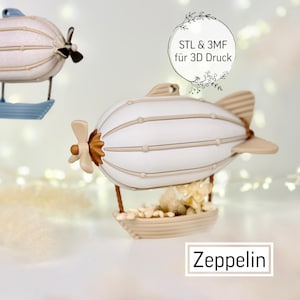Puede incluir: Dos modelos decorativos de zeppelin. Los zeppelines son blancos con detalles beige y azules. Las hélices y aletas son beige. El texto "Zeppelin" está en un cuadro blanco en la parte inferior. El texto "STL & 3MF für 3D Druck" está en un círculo.