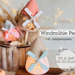 Digital STL file Piet Windmill with Adapter System | Fairytale Forest | Light House | Christmas | Autumn | Winter | Christmas | Garden