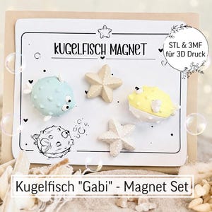 Può includere: Un set di quattro calamite con un pesce palla azzurro, due stelle marine e un pesce palla giallo. Le calamite sono su una carta bianca con il testo "Kugelfisch Magnet" e "Kugelfisch 'Gabi' - Magnet Set".