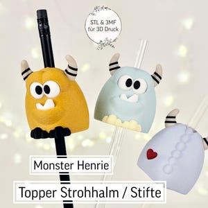 Könnte beinhalten: Drei Monster-Topper, jeder mit einem einzigartigen Design, werden auf Bleistiften und Strohhalmen präsentiert. Die Topper sind in Gelb, Blau und Weiß gehalten und haben schwarz-weiß gestreifte Hörner. Der Text "Monster Henrie" und "Topper Strohhalm / Stifte" ist sichtbar.