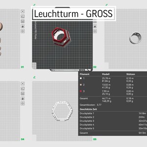 Op de afbeelding: Een technische tekening met meerdere aanzichten van een 3D-geprint object, waaronder een rood-witte zeshoekige structuur. De tekst "Leuchtturm - GROSS" staat bovenaan. Extra componenten en een datatabel zijn ook zichtbaar.