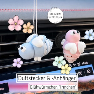 Può includere: Un deodorante per auto sospeso azzurro a forma di ape e una clip di ventilazione rosa a forma di ape, entrambi con ali bianche e grandi occhi. L'immagine include illustrazioni di fiori e il testo STL & 3MF für 3D Druck, Duftstecker & -Anhänger e Glühwürmchen Irmchen.