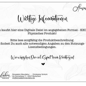 May include: A white card with black text and decorative floral elements. The text includes the words "Wichtige Informationen" and other German text. The card also features the logo "Amsalabim MANUFAKTUR".