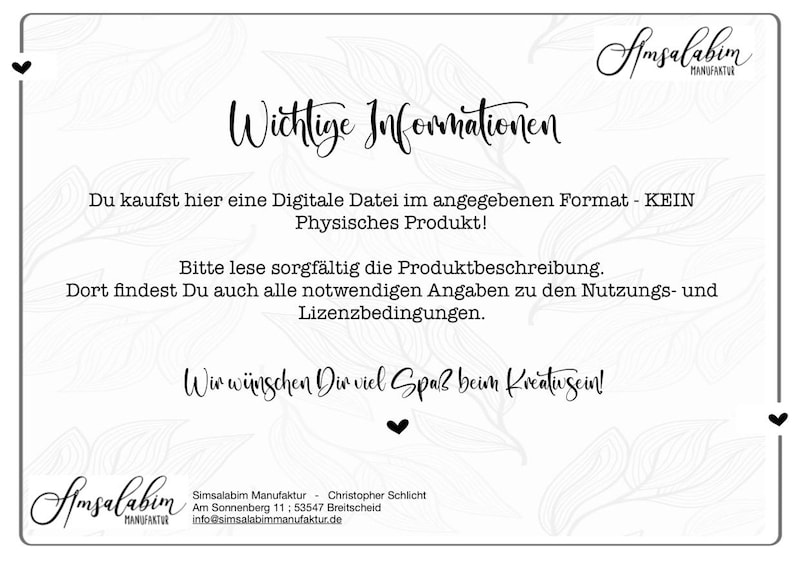 May include: A white card with black text and decorative floral elements. The text includes the words "Wichtige Informationen" and other German text. The card also features the logo "Amsalabim MANUFAKTUR".