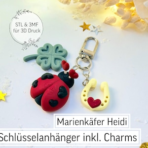 May include: A keychain with charms, including a red ladybug with black spots, a light green four-leaf clover, and a yellow horseshoe with a red heart. The keychain has a silver clasp and the text "Marienkäfer Heidi Schlüsselanhänger inkl. Charms".