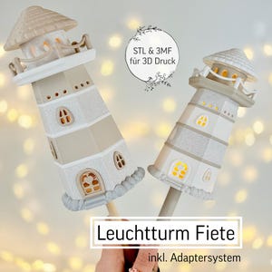 May include: Two decorative lighthouse figurines with beige and gray tones. The lighthouses have a textured design, with windows and a light-up feature. The image includes the text "STL & 3MF für 3D Druck" and "Leuchtturm Fiete".