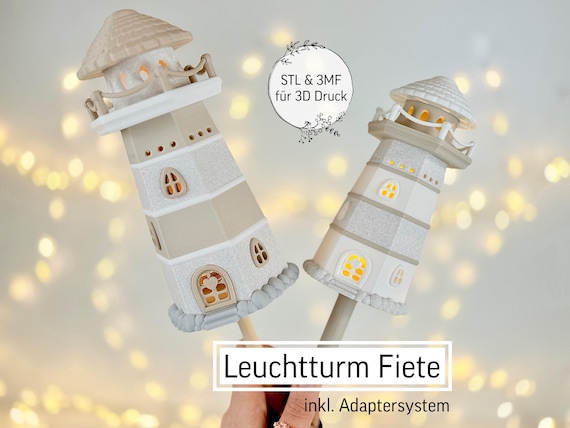 Digitale STL Datei Leuchtturm Fiete mit Adapter System | Frühling | Blumenstecker | Garten | 3D Druck | maritim | 3MF