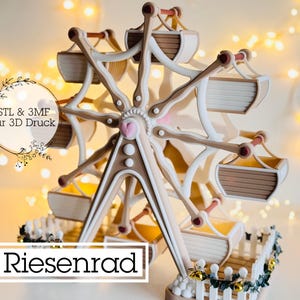 以下が含まれることがあります： 茶色、白、ピンクの色合いの装飾的な観覧車の模型で、中央にハート型があります。小さなゴンドラがあり、柔らかくぼやけた光の背景に配置されています。「Riesenrad」の文字が下部に表示されています。