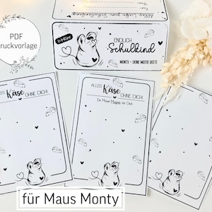 Könnte beinhalten: Eine Sammlung von schwarz-weißen Schreibwaren. Das Set enthält Karten mit einer Mausillustration, Käsegrafiken und deutschem Text. Eine Box mit deutschem Text und einer Mausgrafik ist ebenfalls vorhanden. Die Worte "PDF Druckvorlage" sind in einem Kreis.