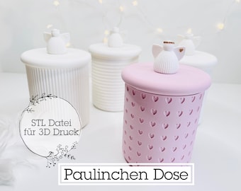 May include: Three white ceramic jars with angel-shaped lids. One jar is pink with a heart pattern and the text "STL Datei für 3D Druck" and "Paulinchen Dose".