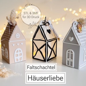 Könnte beinhalten: Drei dekorative, hausförmige Schachteln in Pastellfarben. Die Häuser weisen aufwendige Details wie Fenster, Türen und herzförmige Akzente auf. Der Text "STL & 3MF für 3D Druck" und "Faltschachtel Häuserliebe" sind sichtbar. Die Häuser sind mit floralen Verzierungen versehen.