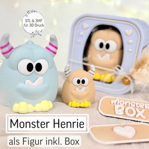 Könnte beinhalten: Eine hellblaue Monsterfigur mit schwarzen Augen, weißen Zähnen und gelben Füßen, neben einer kleineren, hellbraunen Monsterfigur. Eine blaue Box mit einem Monster darin ist ebenfalls abgebildet. Der Text "Monster Henrie" und "monster BOX" sind sichtbar.