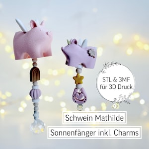 Puede incluir: Dos atrapasoles en forma de cerdo rosa con alas blancas y colgantes. Los colgantes incluyen un arcoíris de madera, una estrella y una herradura. El texto "Schwein Mathilde" y "Sonnenfänger inkl. Charms" son visibles.
